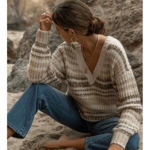 Bohme Charlie Knit Sweater V Neck Long Sleeve Wool Blend Striped Brown Size XL
